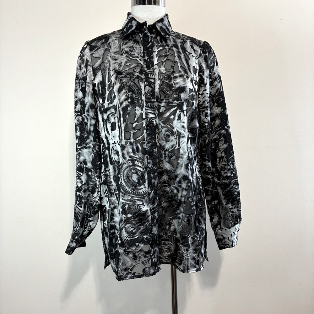 Hiroko Women’s Black and White/Silver Solid and Mesh Shirt